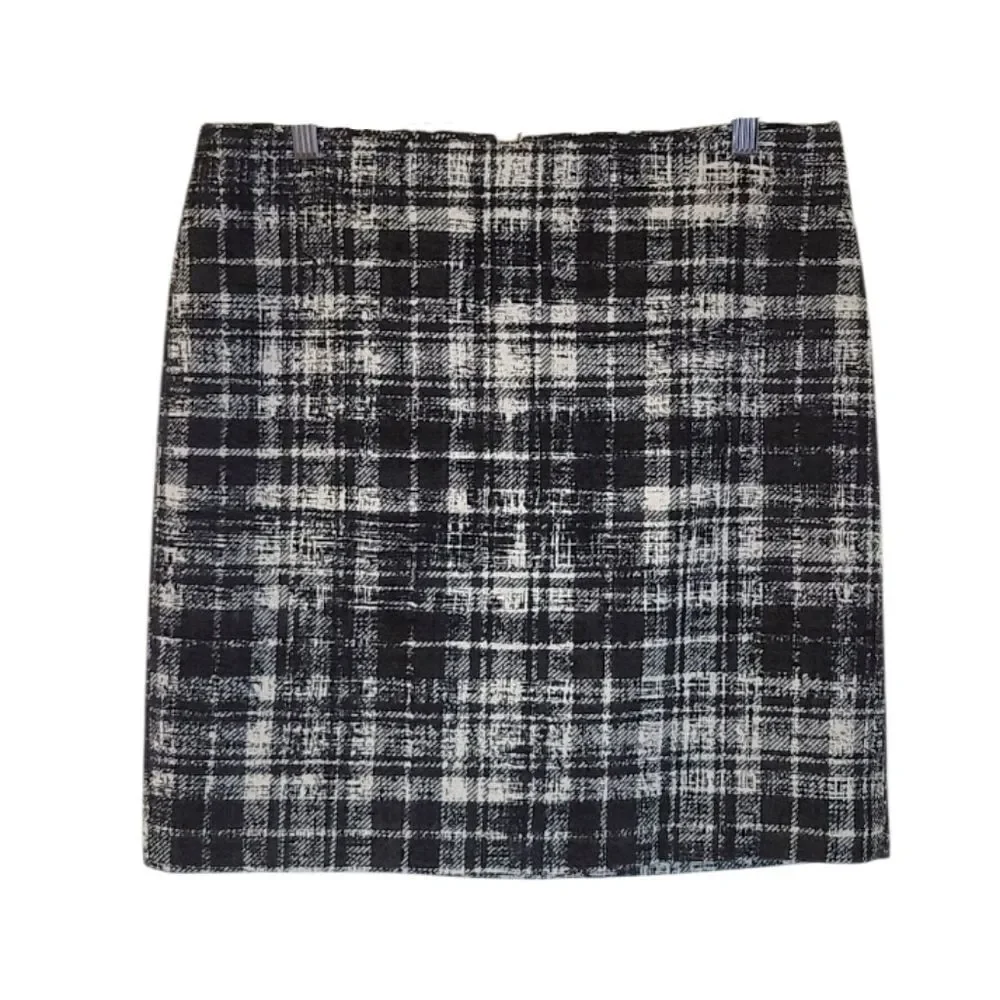 Ann Taylor Classic Black and White Wool Blend Plaid Tweed Mini Skirt Size 12